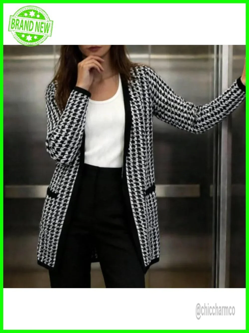 Longline Open-Front Houndstooth Cardigan, Polyester Blend Knit, Casual Long